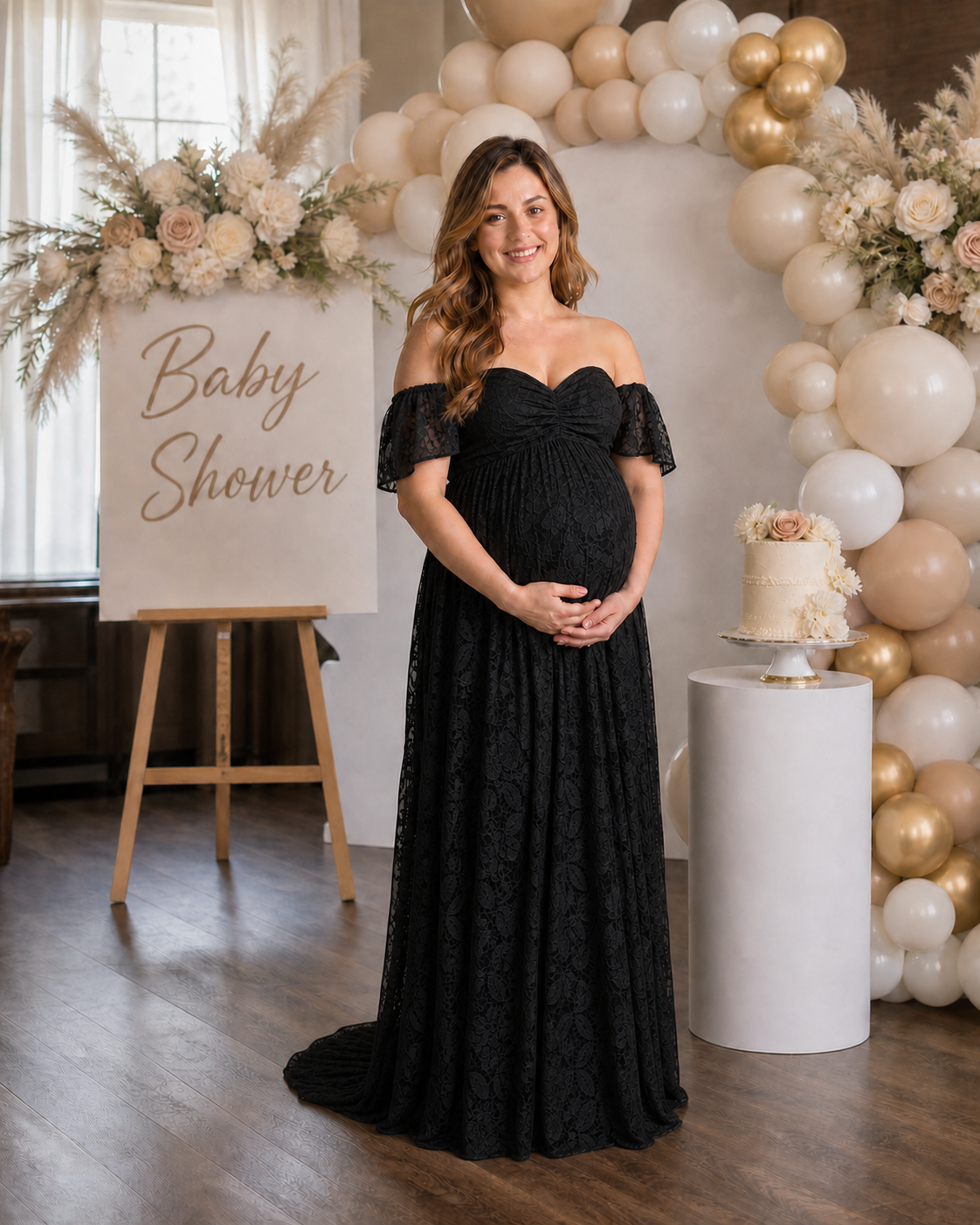 Black maternity baby shower dress in a formal evening celebration