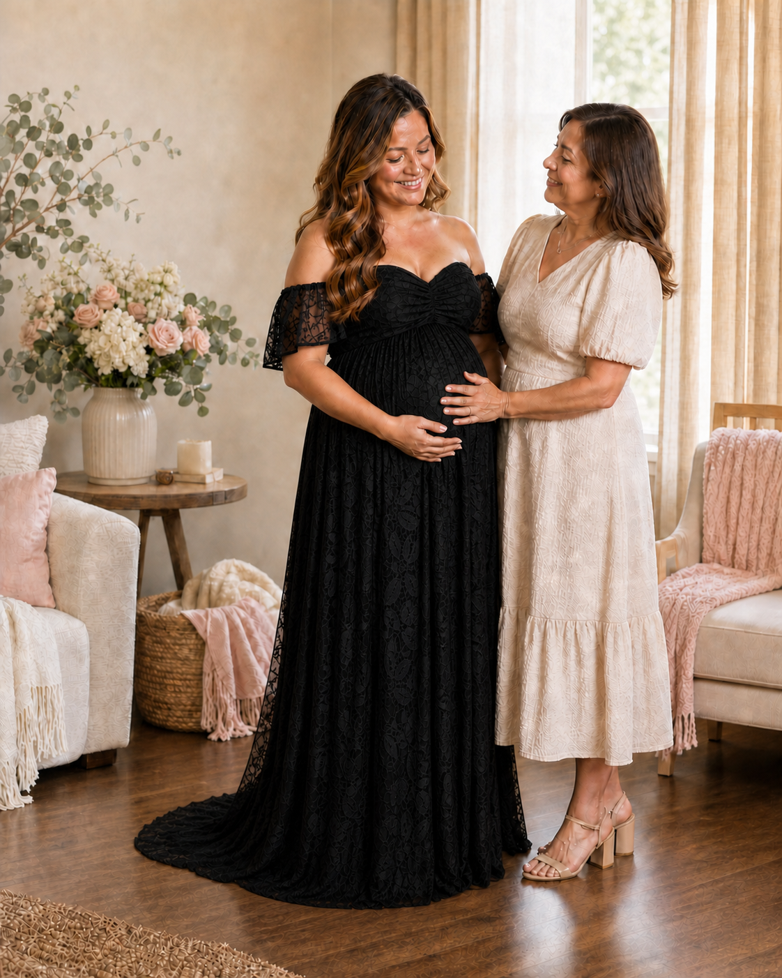 Black lace family portrait, quiet anticipation before a formal reveal