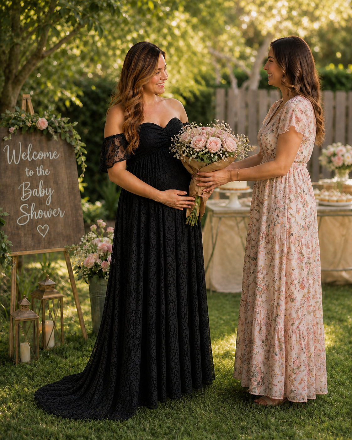 Black maternity maxi against dusk garden foliage for an editorial portrait