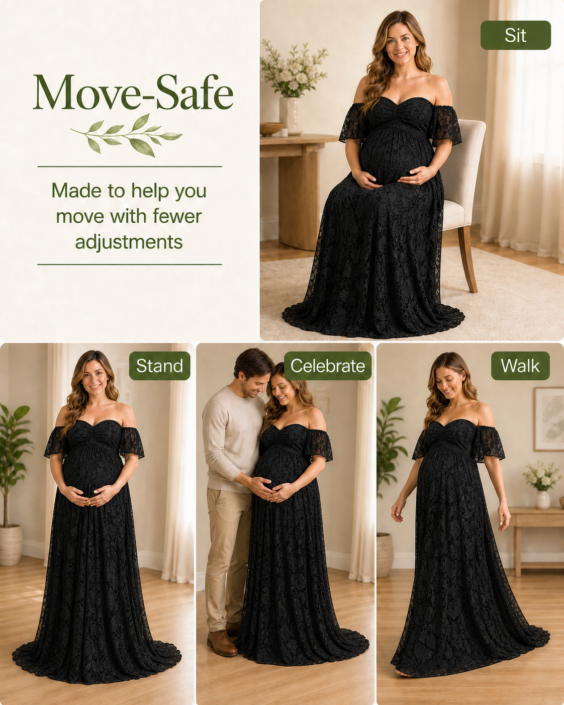 Black maxi in a measured walk, longer back hem kept off a closed circular outline