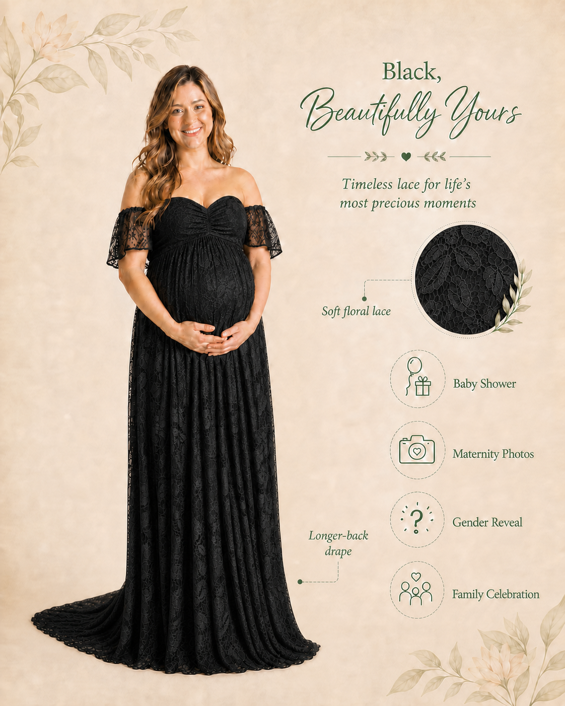 Black maternity dress styled as a formal baby shower and portrait keepsake