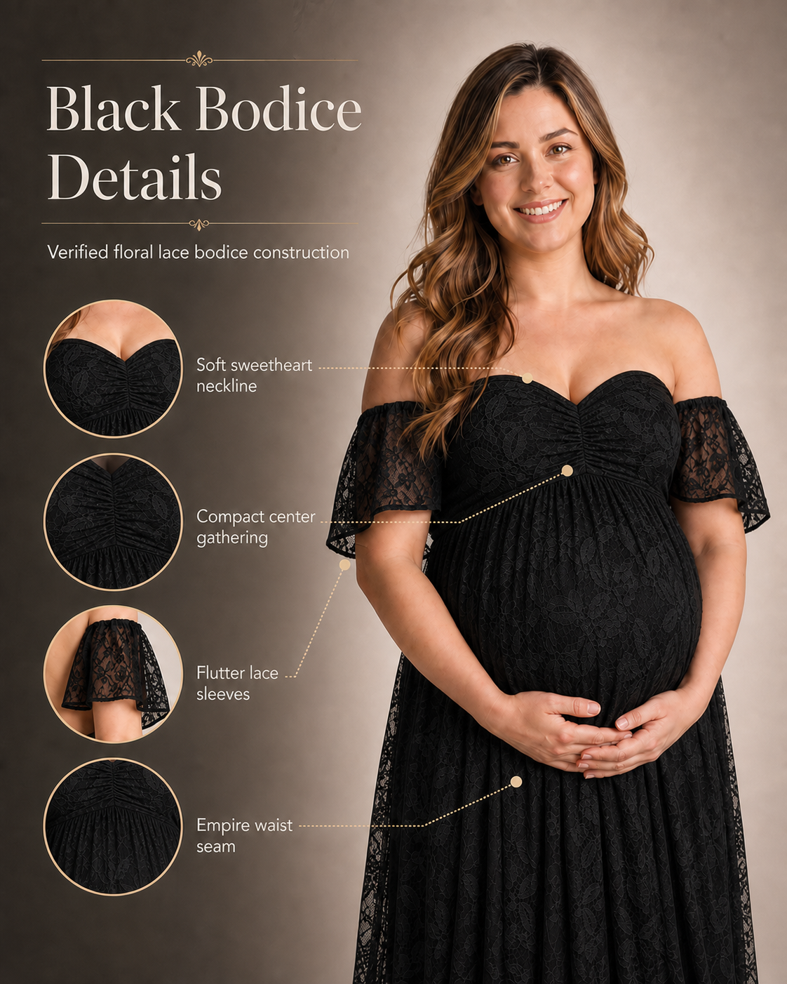 Black bodice card: sweetheart drape, flutter sleeves and compact center seam