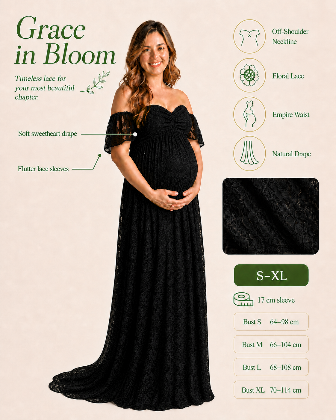 Black side-fit view, empire seam above the bump and A-line room through the skirt