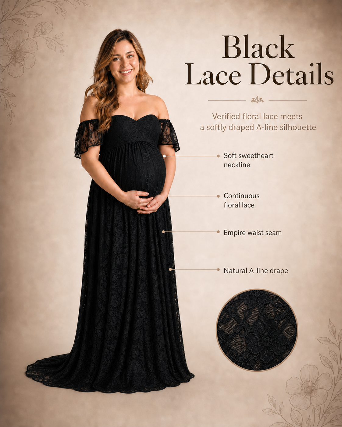 Black off-shoulder lace maxi from formal front neckline to floor-length back drape
