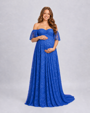 Royal Blue Elowen maternity maxi, front view with off-shoulder sweetheart neckline and full-length lace