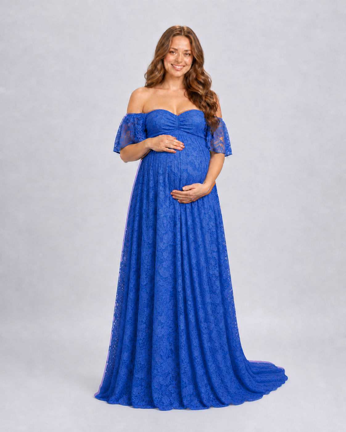 Royal Blue Elowen maternity maxi, front view with off-shoulder sweetheart neckline and full-length lace
