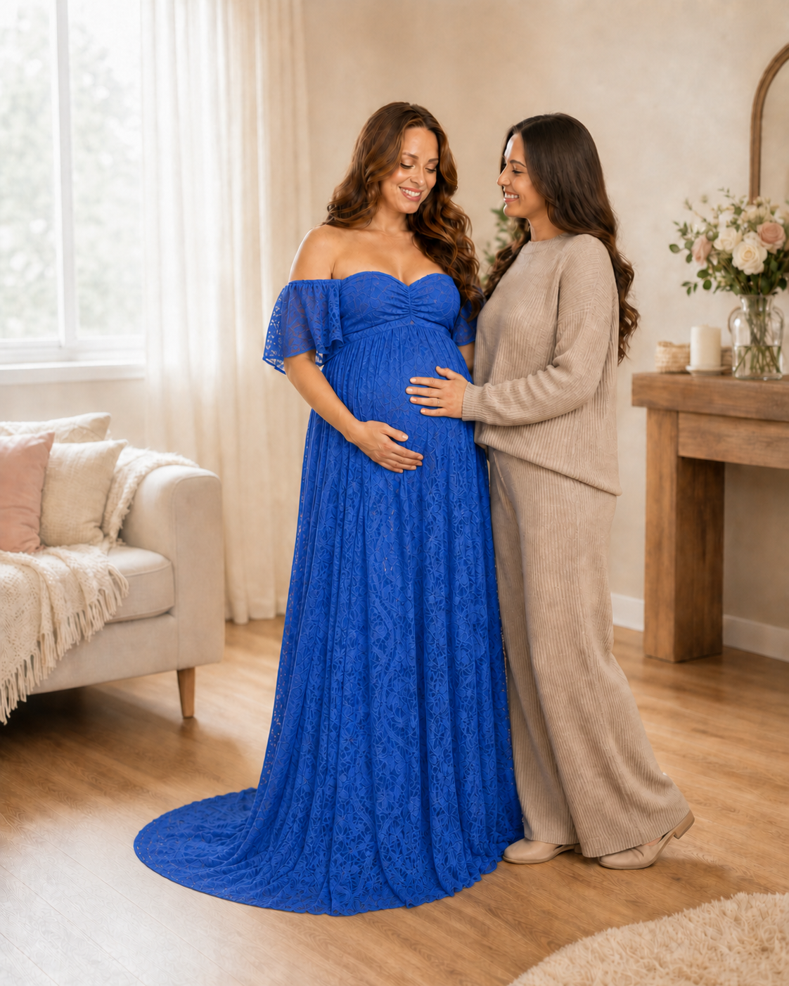 Royal Blue family anticipation scene, standing close in saturated lace