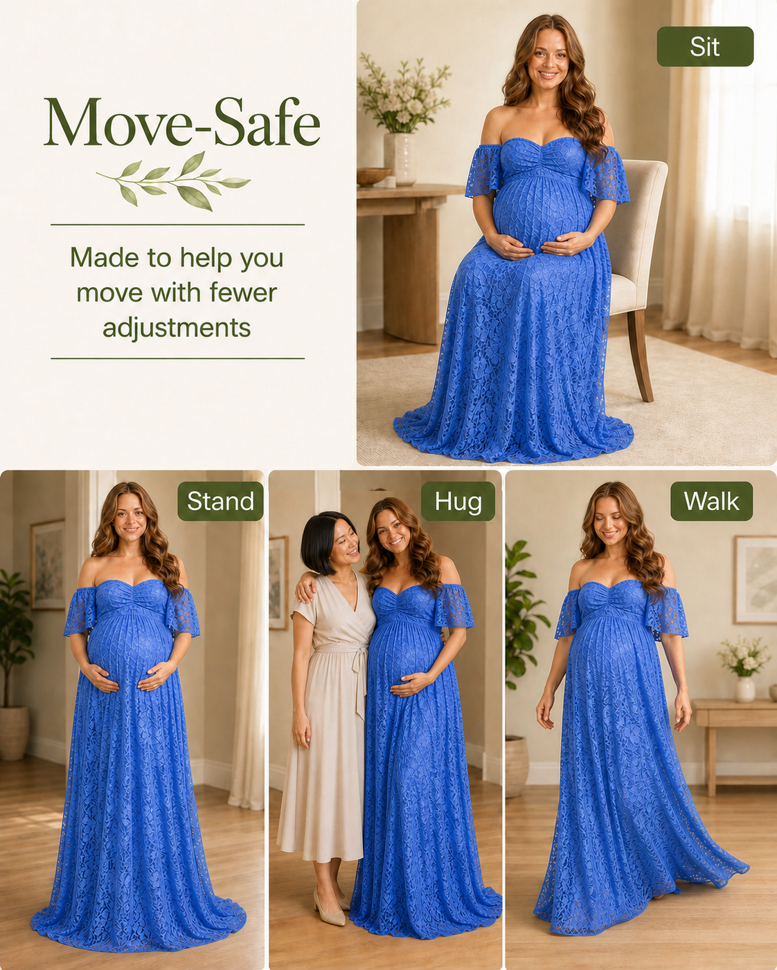 Royal Blue walking pose, A-line skirt moving without a fitted mermaid lock