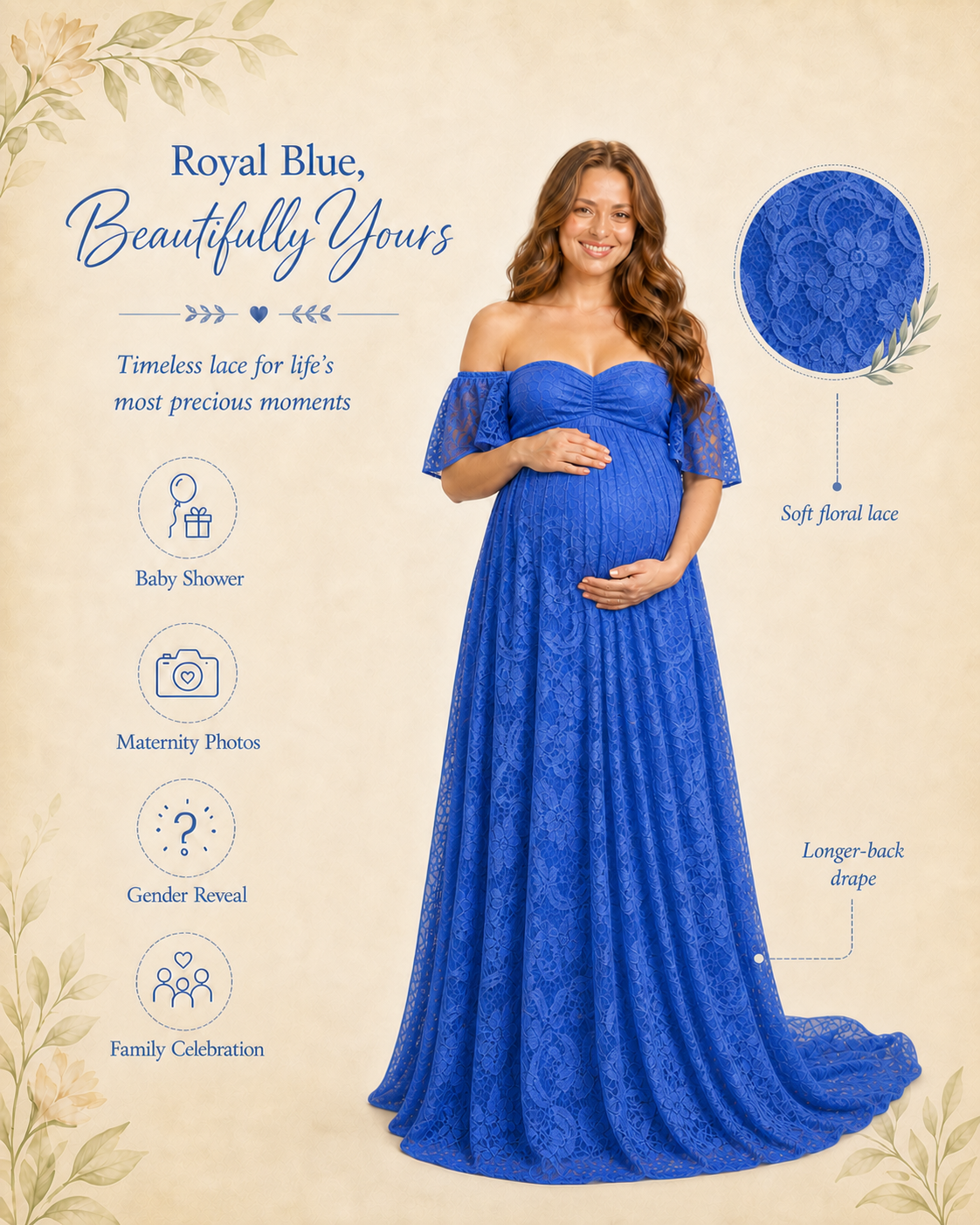 Royal Blue maternity dress for a high-contrast baby shower portrait