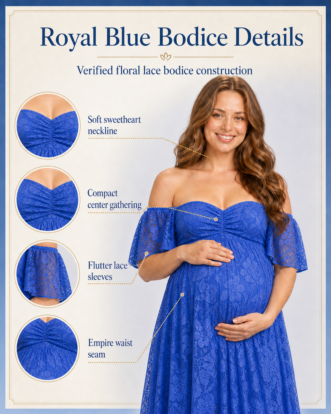 Royal Blue neckline card, off-shoulder flutter sleeves and shallow sweetheart dip