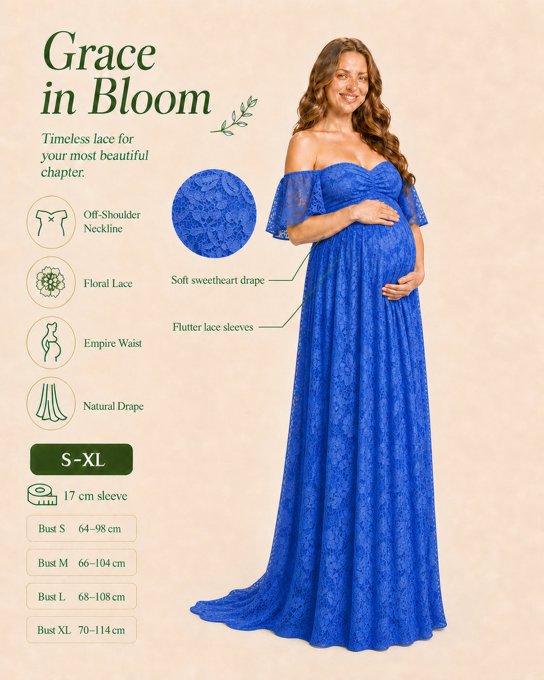 Royal Blue fit facts from the side: empire seam, bump room and floor-length A-line