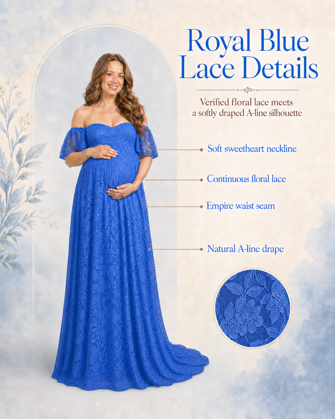 Royal Blue off-shoulder lace maxi summary, from sweetheart neckline to longer back hem