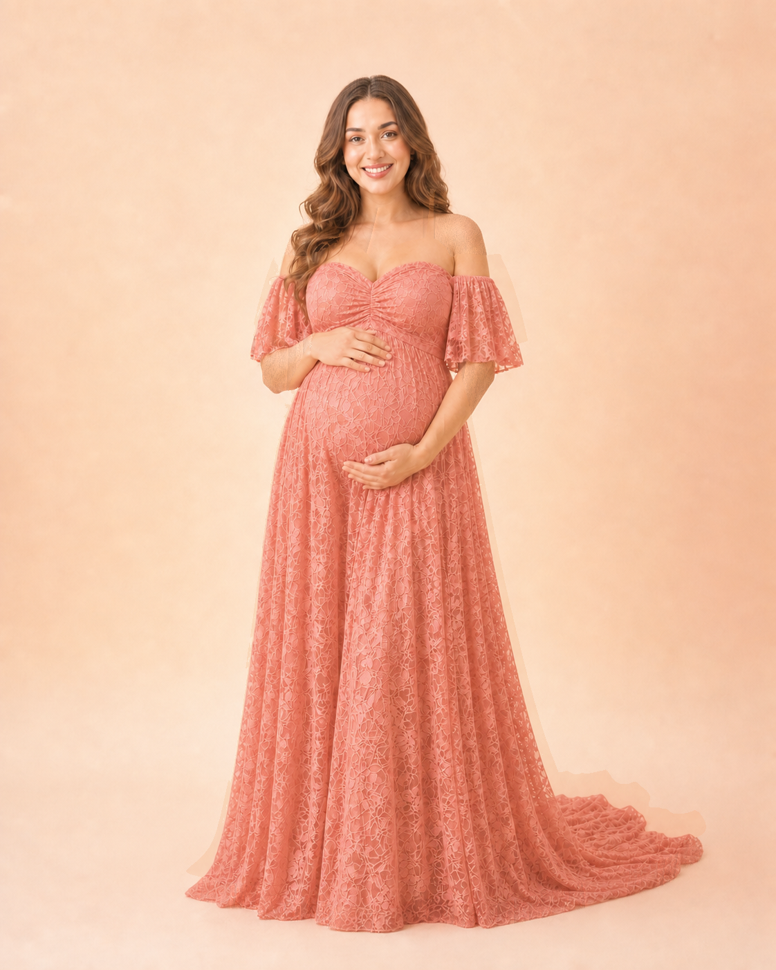 Coral Pink floral lace maternity maxi, front studio view with off-shoulder neckline and floor-length skirt