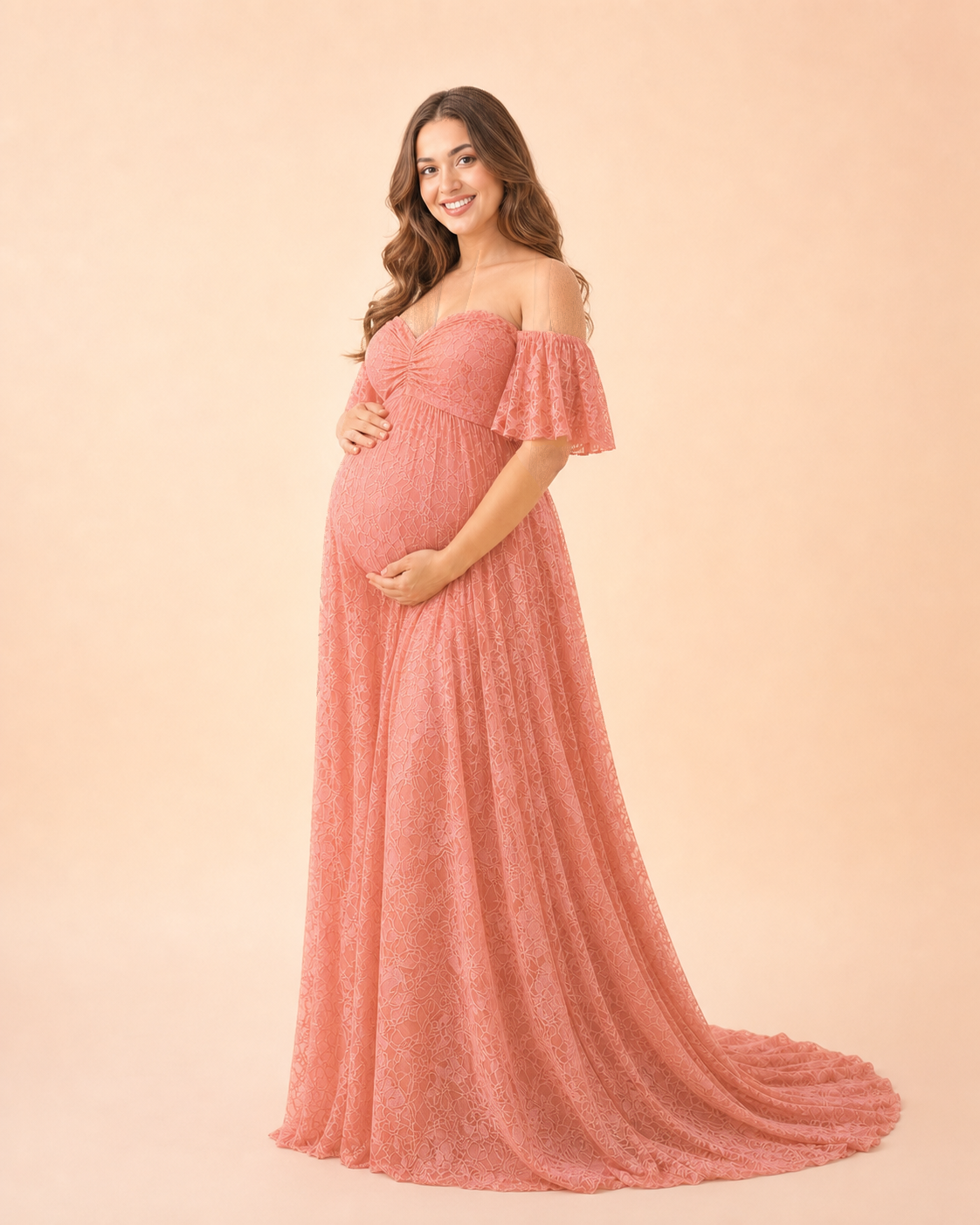 Coral Pink three-quarter view, empire waist and flutter sleeves on a fruit-pink gown