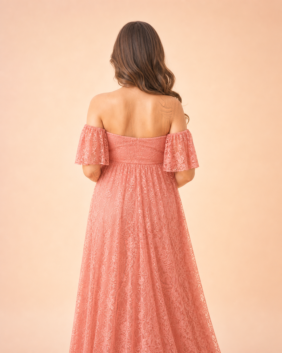Coral Pink lace from the back, short wide sleeves and extra hem length on the floor