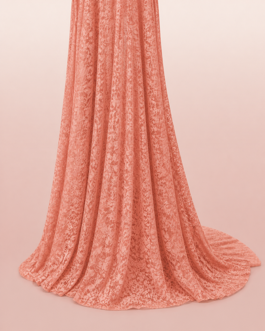 Coral Pink floor hem with a longer back fall, open edge rather than a circular train