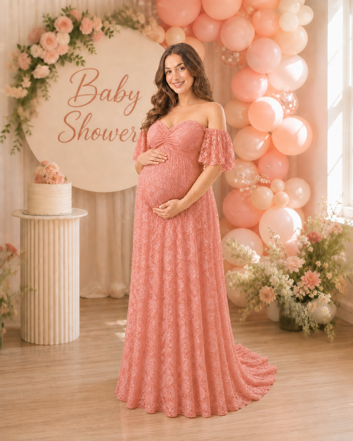 Coral Pink maternity baby shower dress among floral party decorations