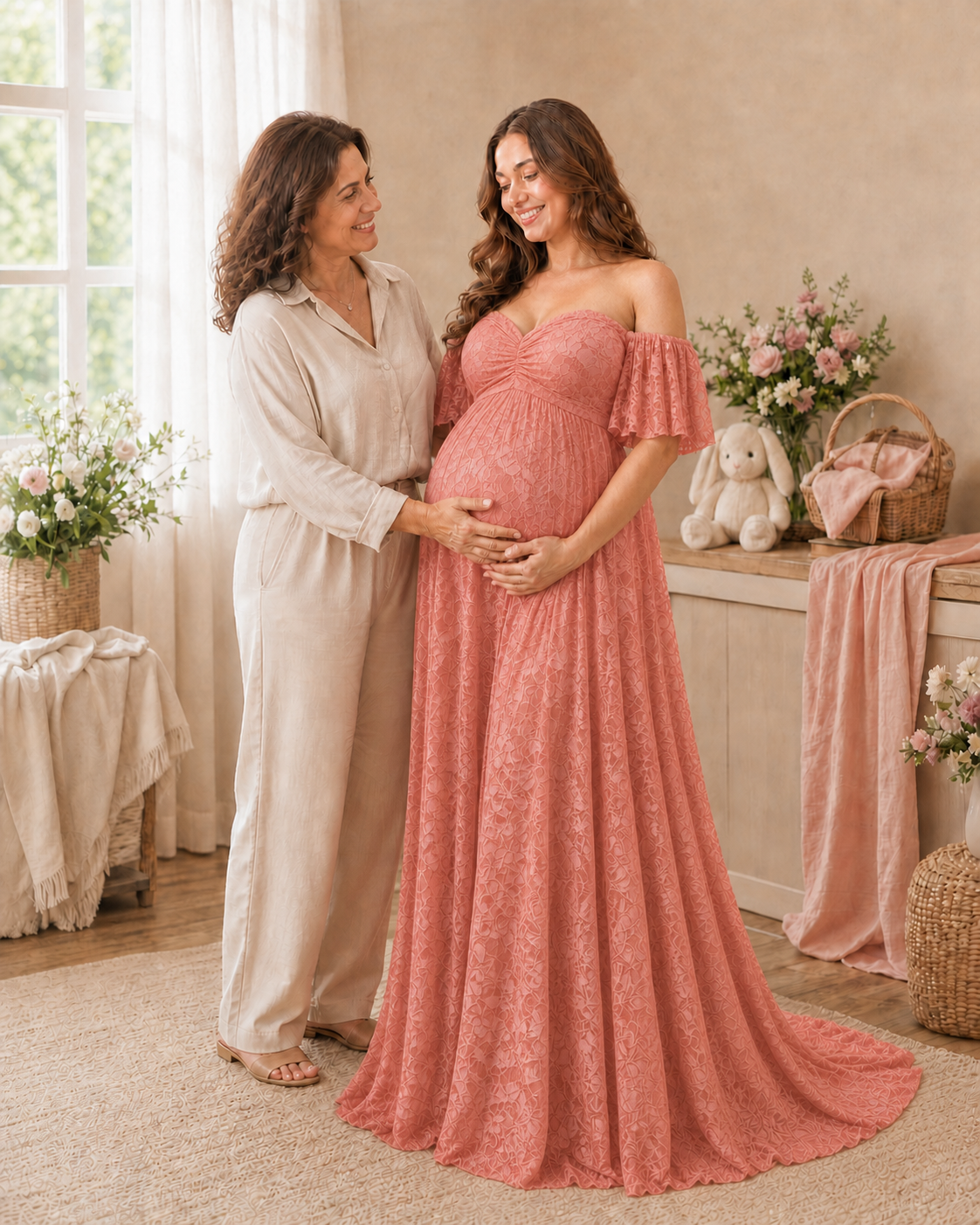 Coral Pink family wait portrait, parents standing together in warm pink lace