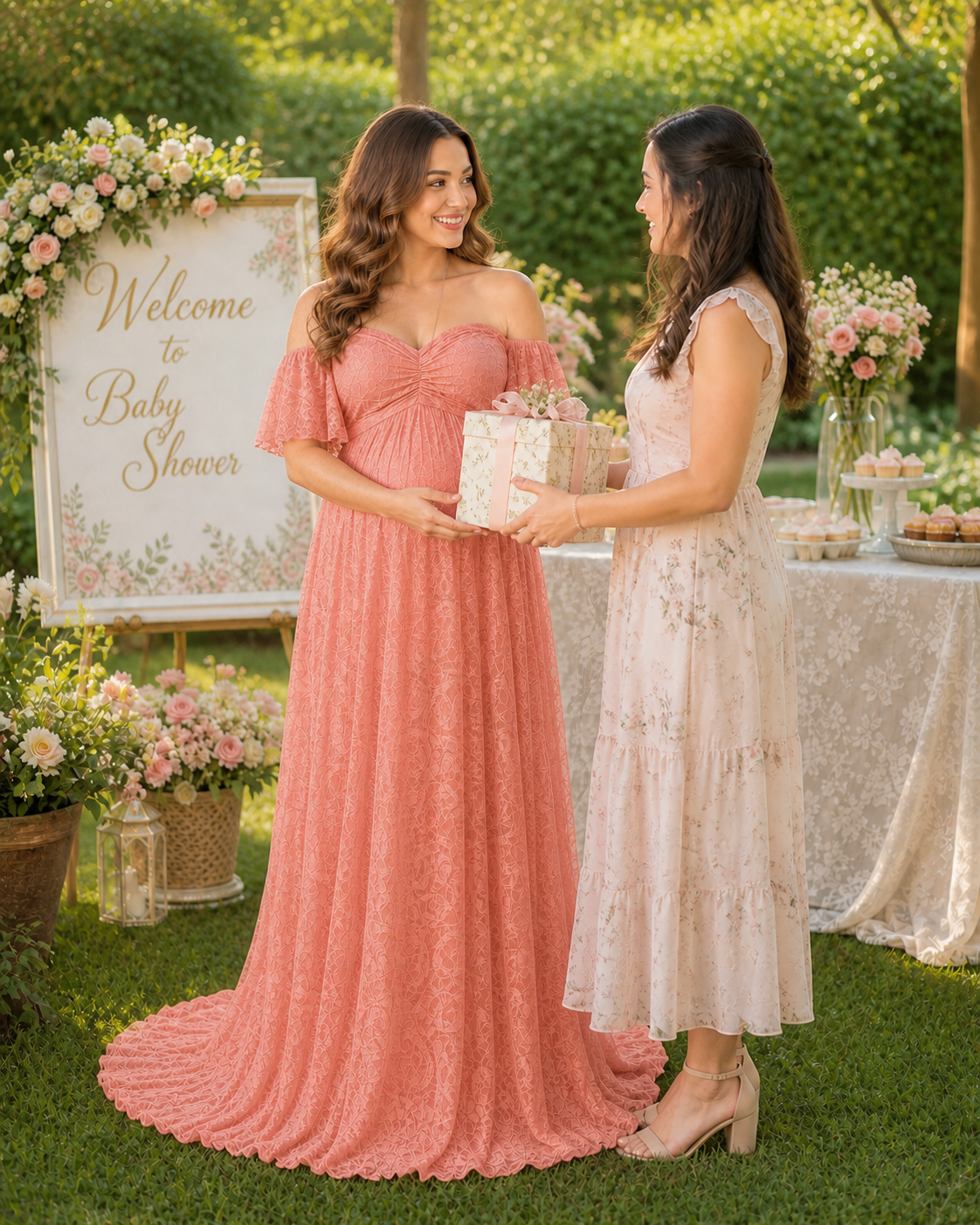 Coral Pink maternity maxi in a flower-filled garden path