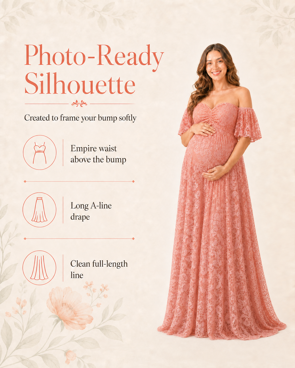 Coral Pink full-length maternity silhouette for a floral photoshoot