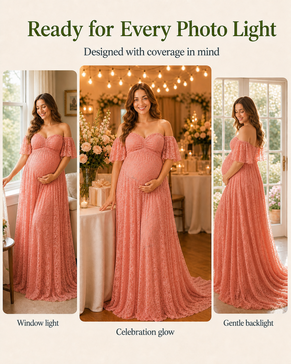 Coral Pink lace in warm party light and cooler daylight, pink reading deeper or softer