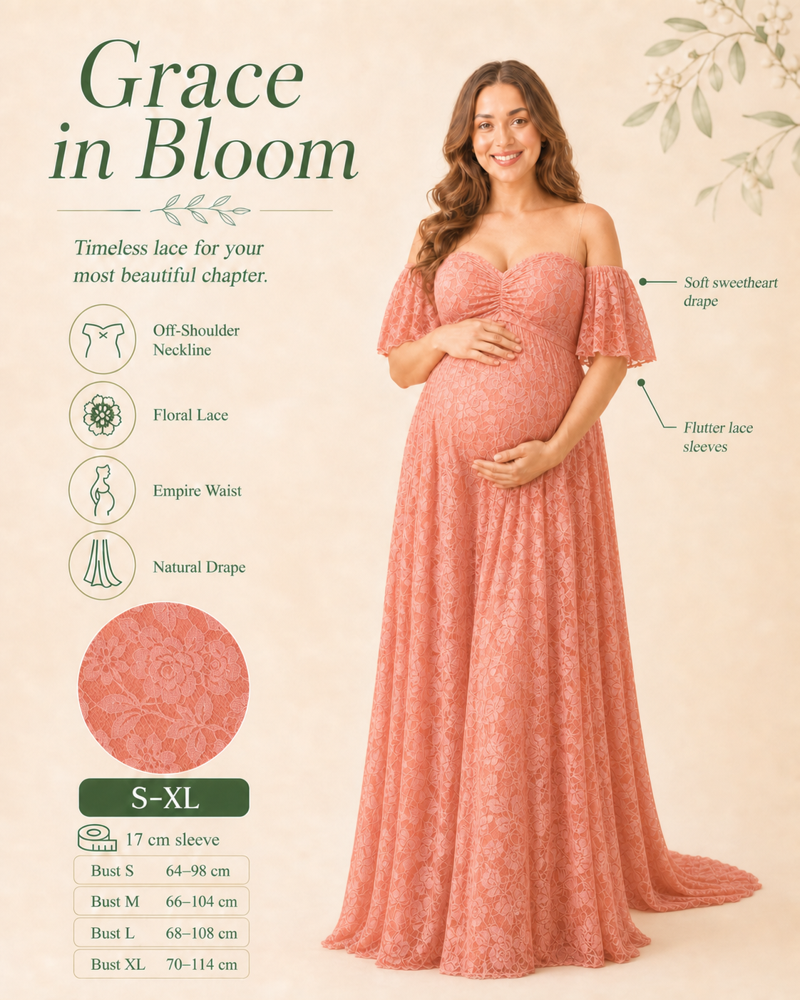 Coral Pink side fit, empire seam above the bump and A-line skirt releasing below