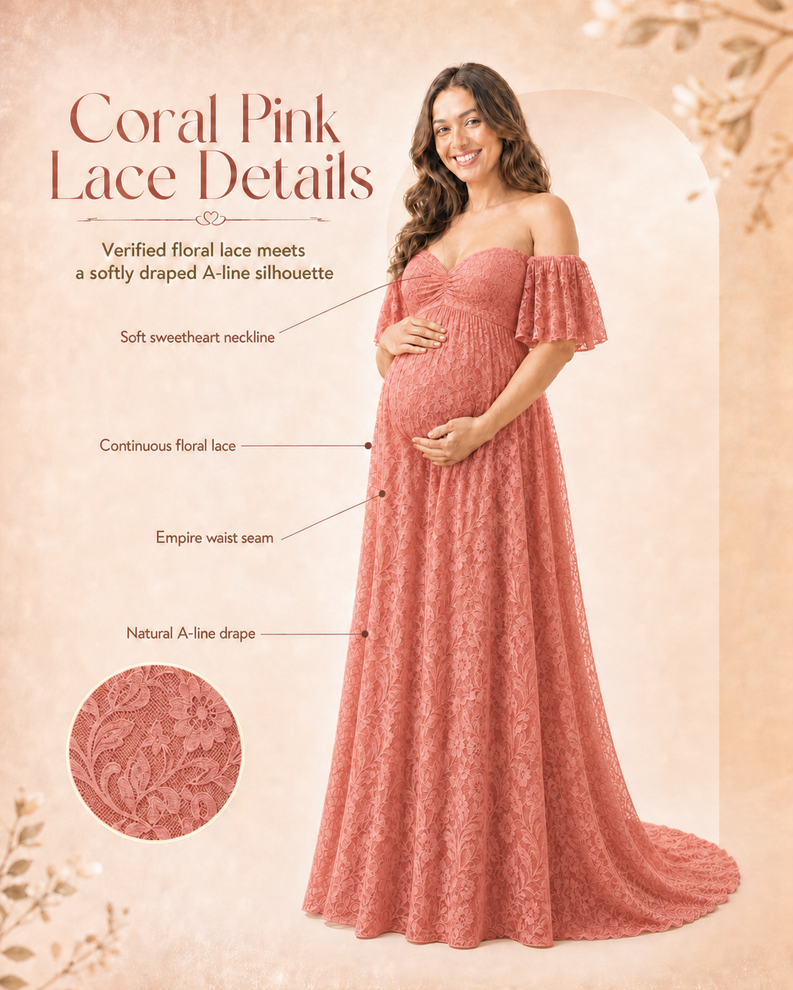 Coral Pink off-shoulder lace maxi from neckline gather through floor-length drape