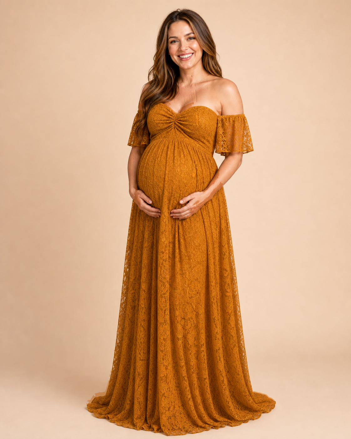 Antique Gold maternity maxi from the front, off-shoulder sweetheart neckline and floor-length lace