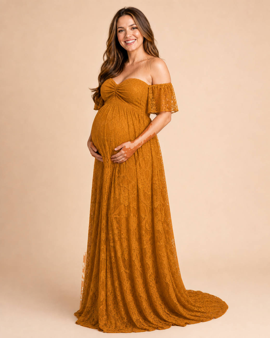 Antique Gold three-quarter stance, empire waist and A-line skirt in warm gold lace