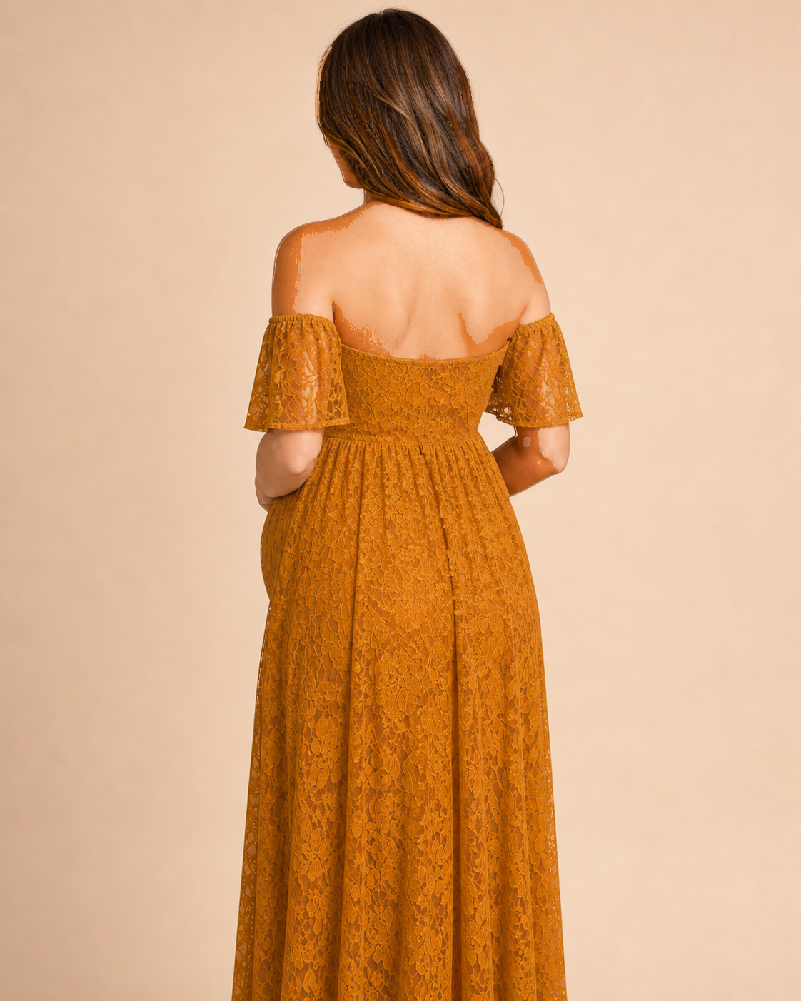 Antique Gold back view, flutter sleeves and extra length catching late-day light