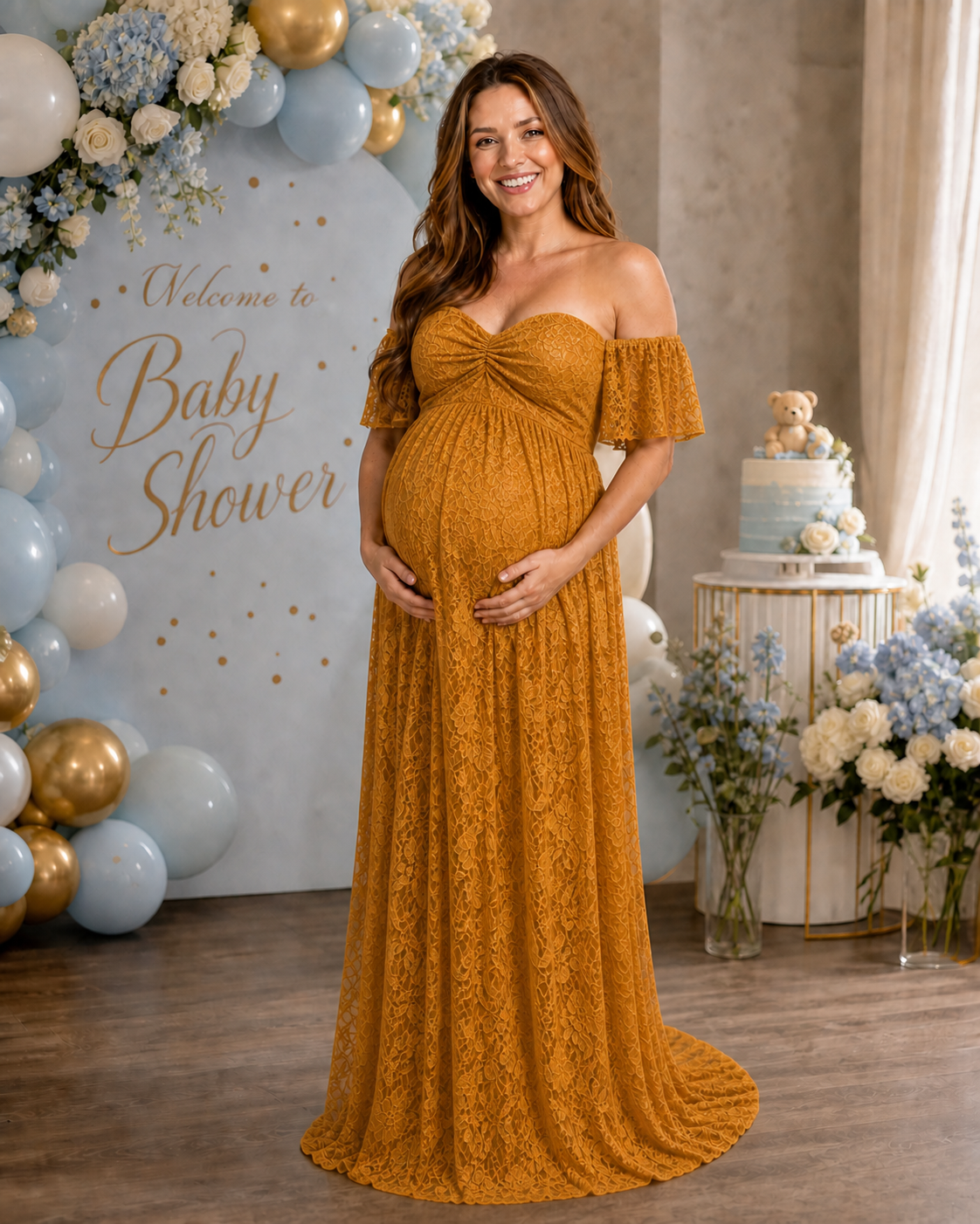 Antique Gold maternity baby shower dress at a warm autumn celebration