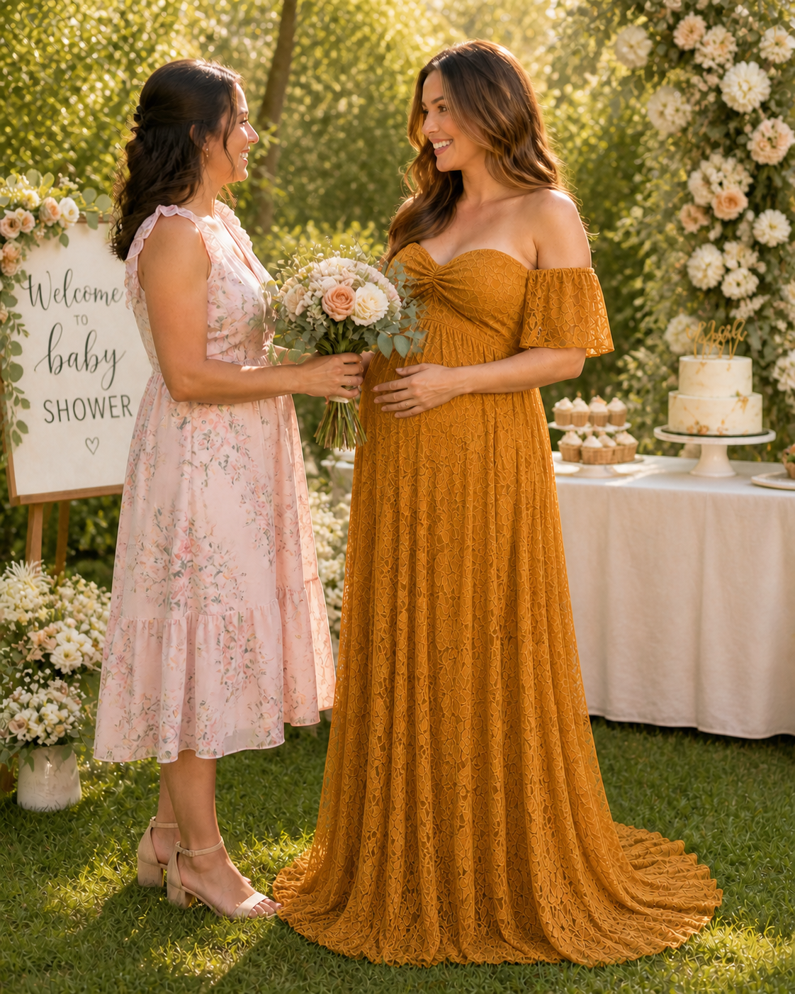 Antique Gold maternity maxi in an autumn garden at late-day sun