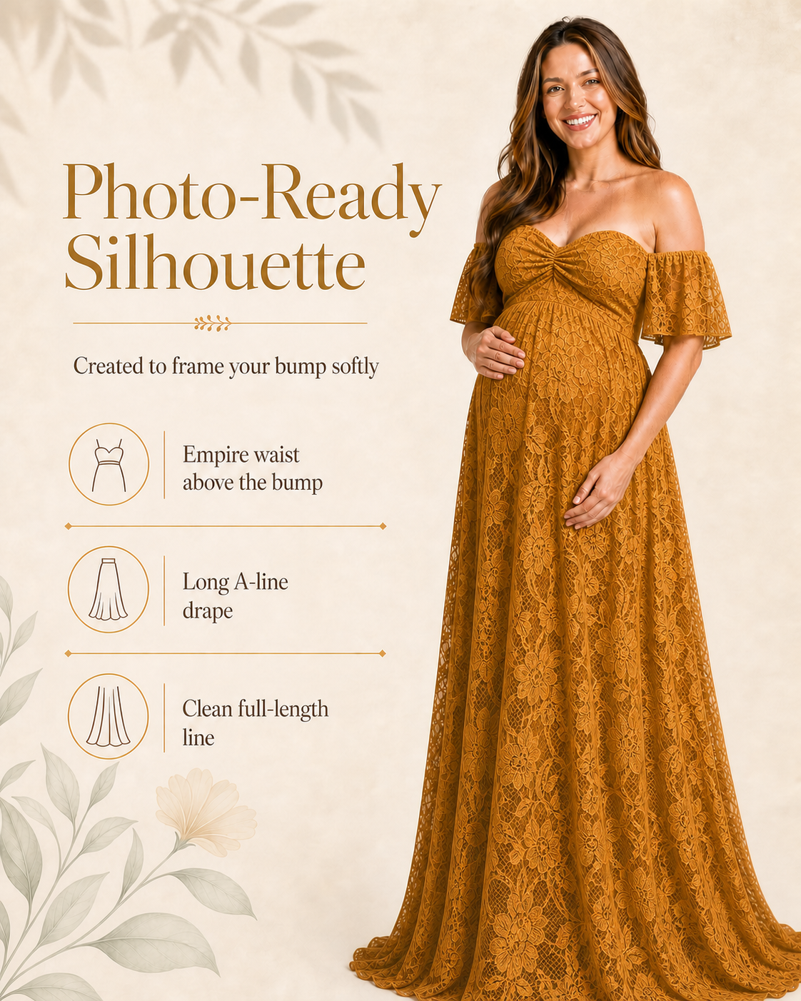 Antique Gold full-length maternity pose for a golden-hour photoshoot