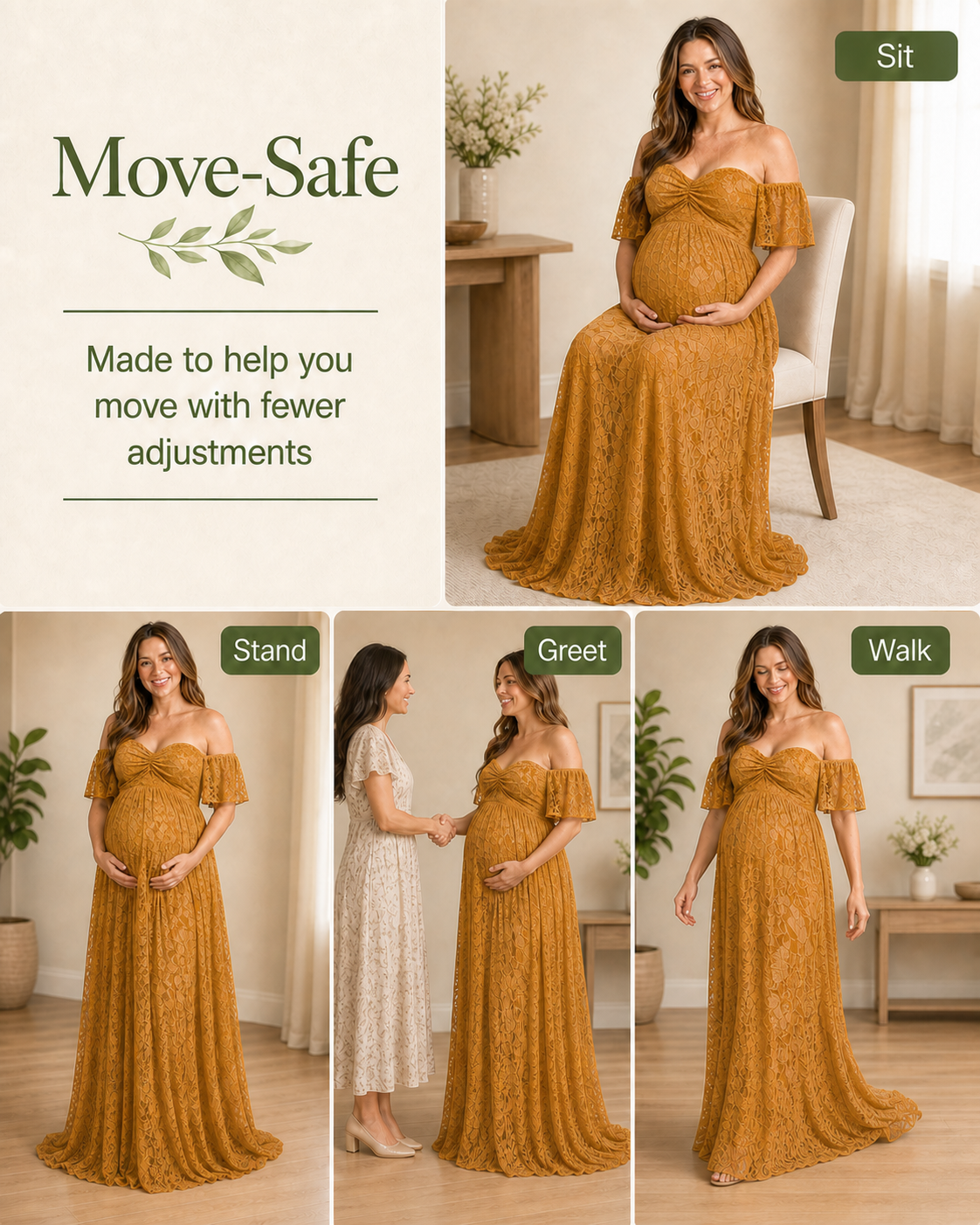 Antique Gold walking view, longer back hem following without a carpet-like spread