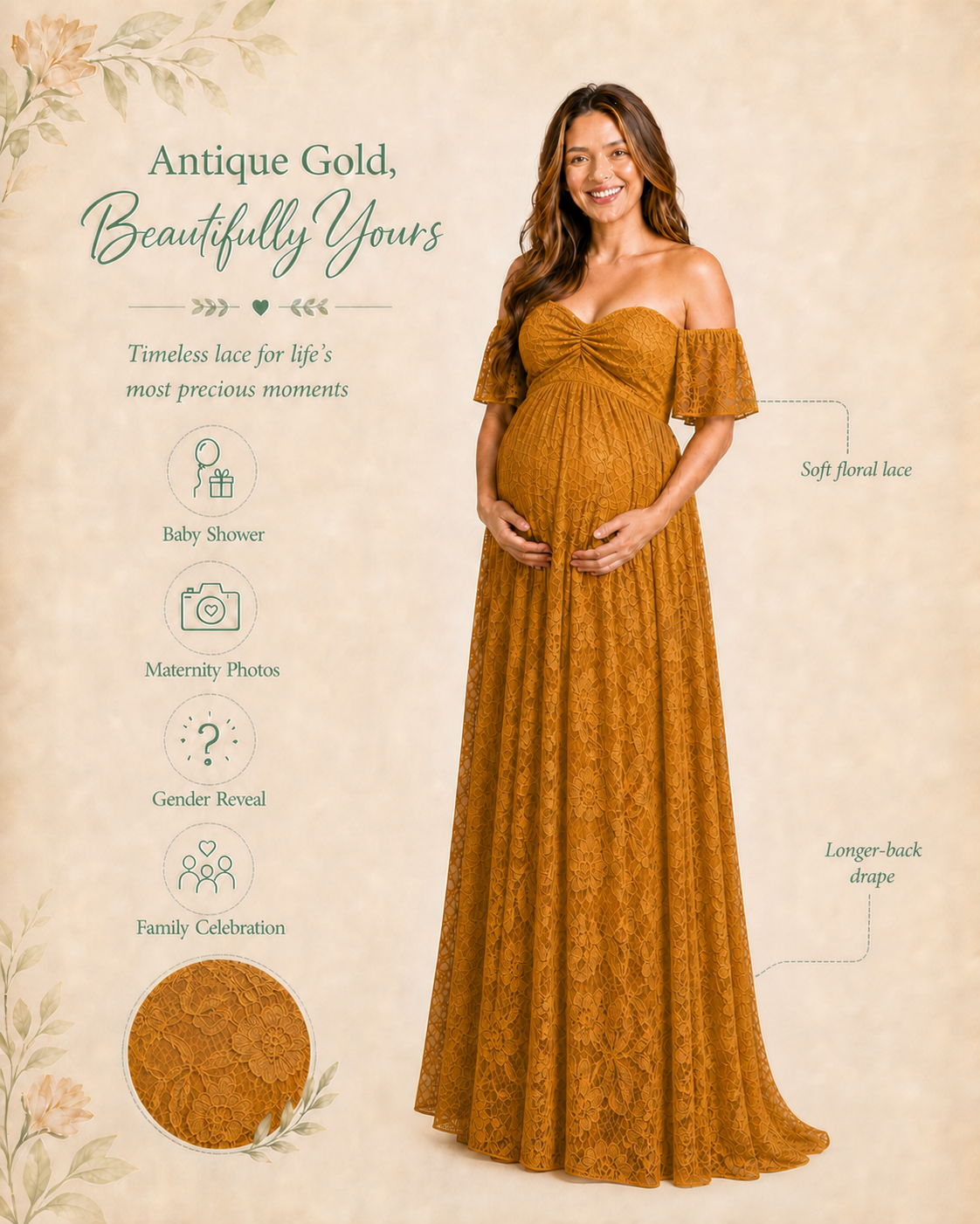 Antique Gold maternity dress worn as an autumn baby shower keepsake