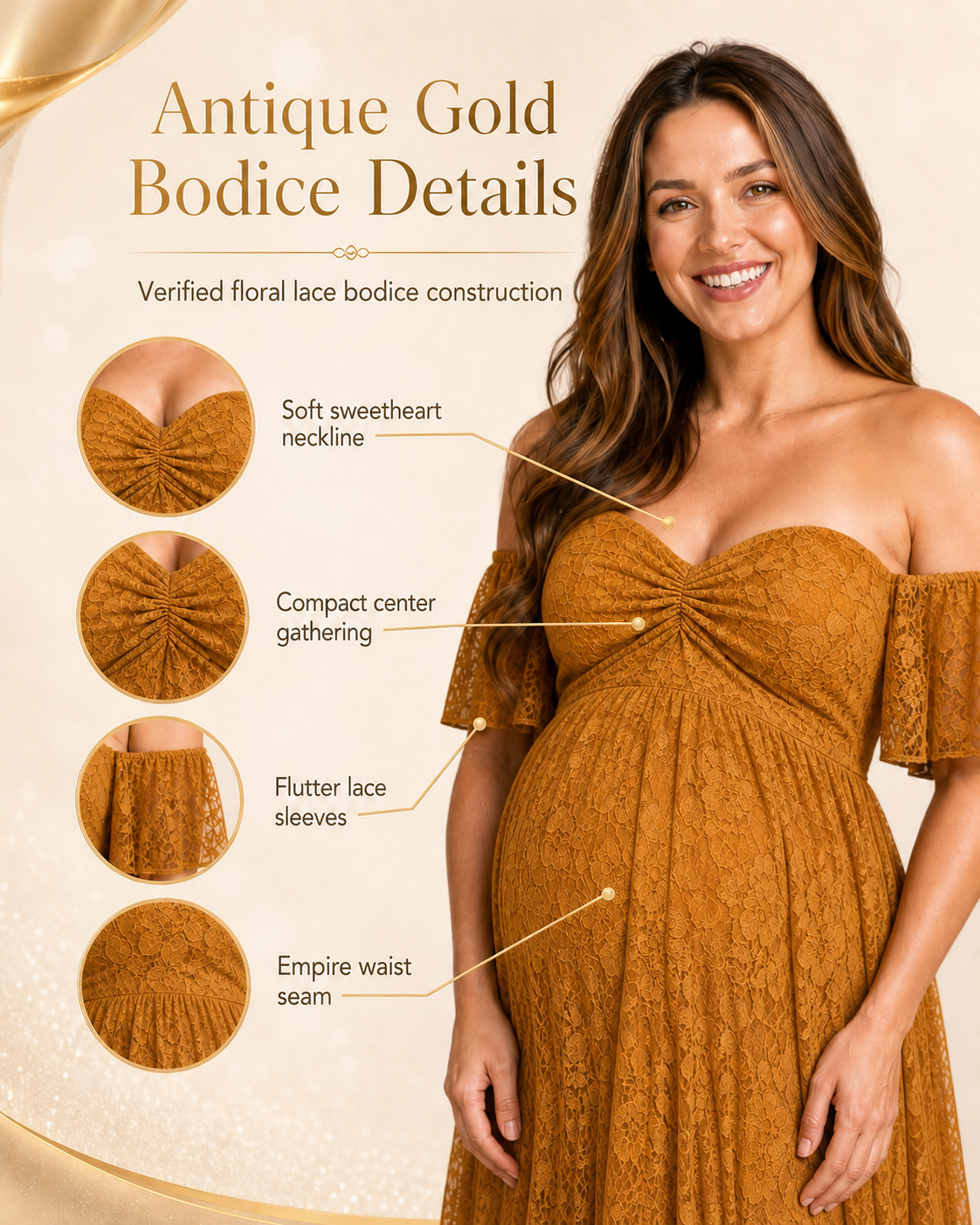 Antique Gold neckline card, flutter sleeves and shallow sweetheart dip