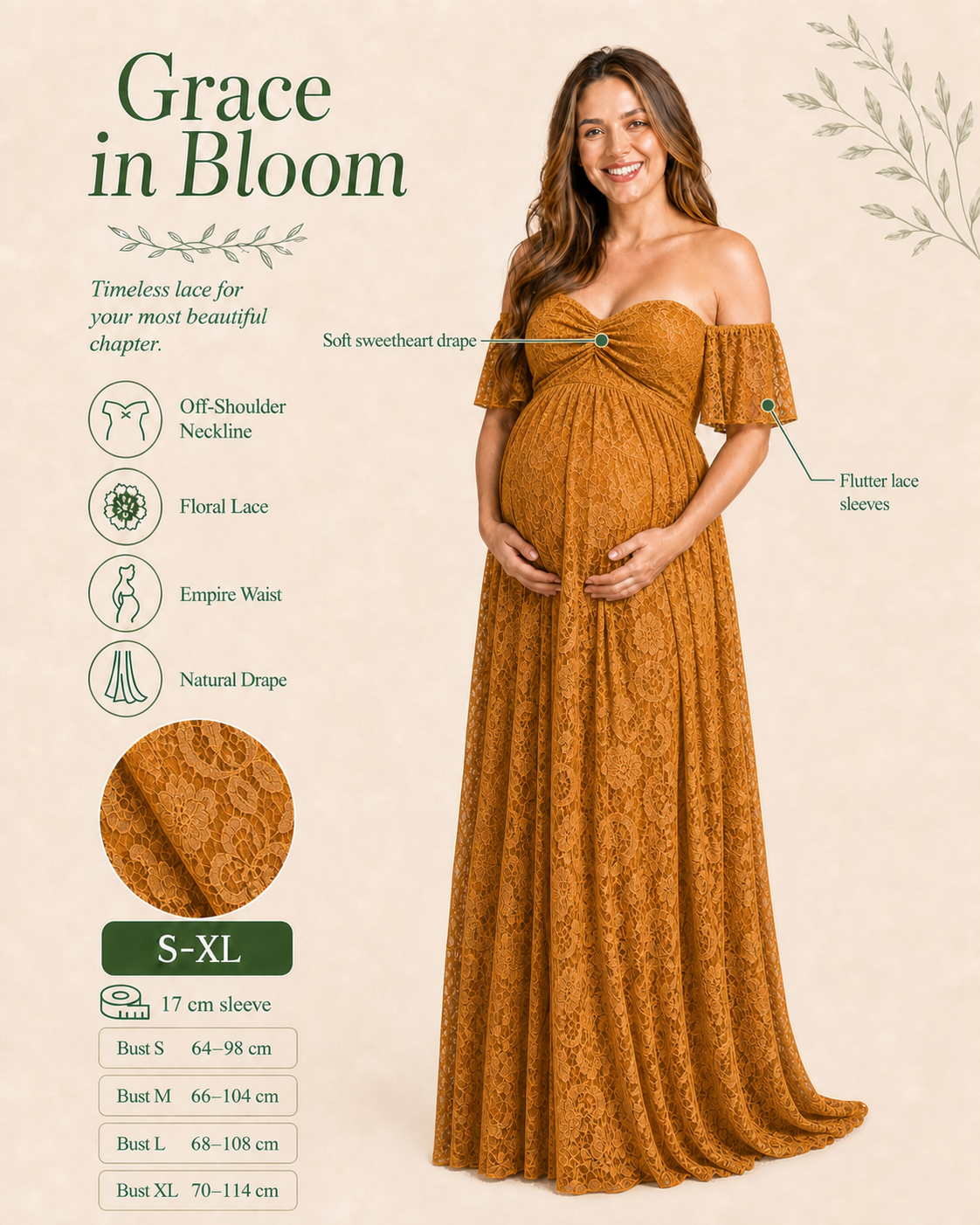 Antique Gold side-fit evidence, empire seam above the bump and floor-length A-line