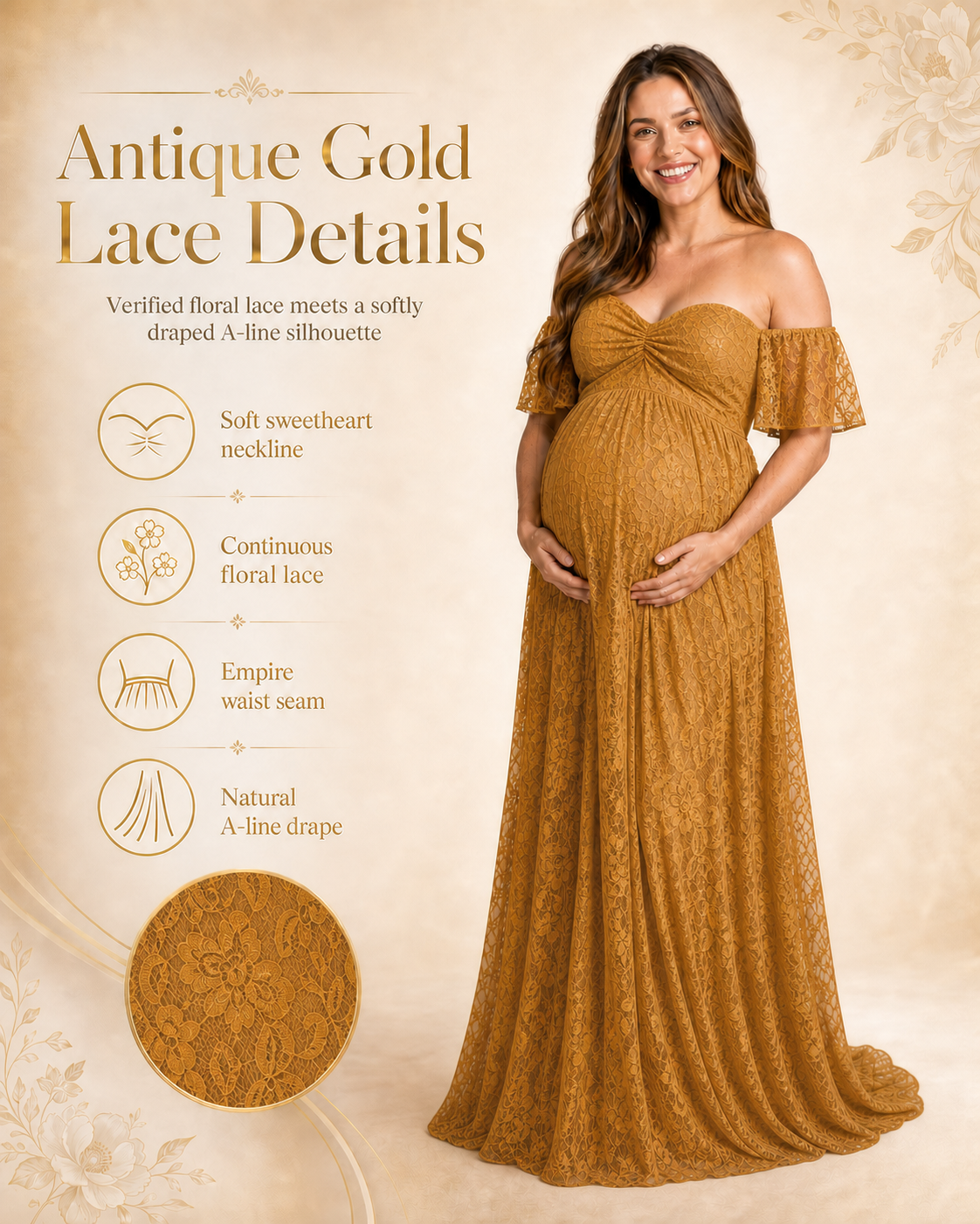 Antique Gold off-shoulder lace maxi overview from bodice to longer back hem