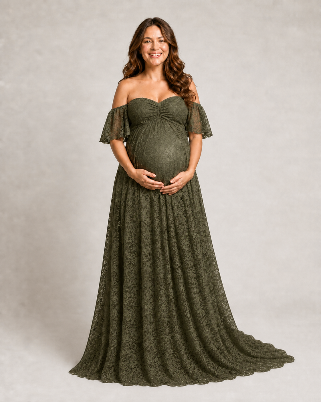 Olive Green off-shoulder maternity maxi, front view with sweetheart neckline and earthy floral lace