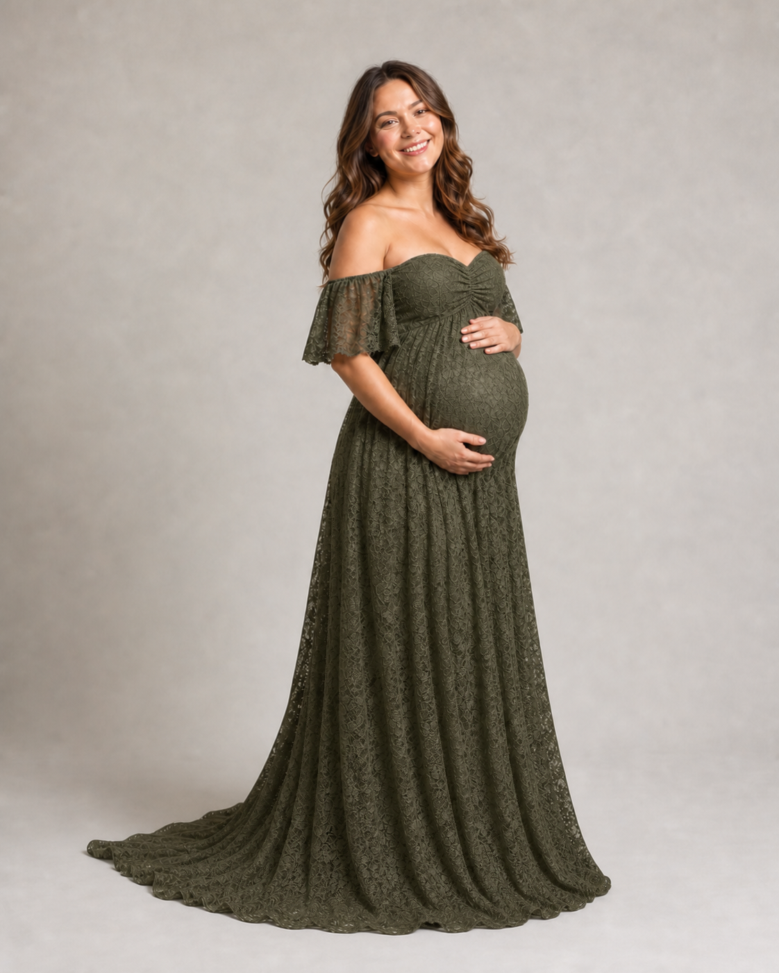 Olive Green three-quarter profile, empire waist and A-line skirt for an outdoor stance