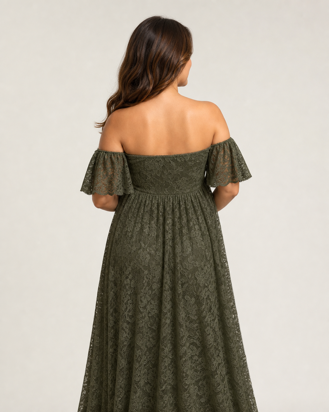 Olive Green lace back, flutter sleeves and extra hem length on an earth-tone maxi