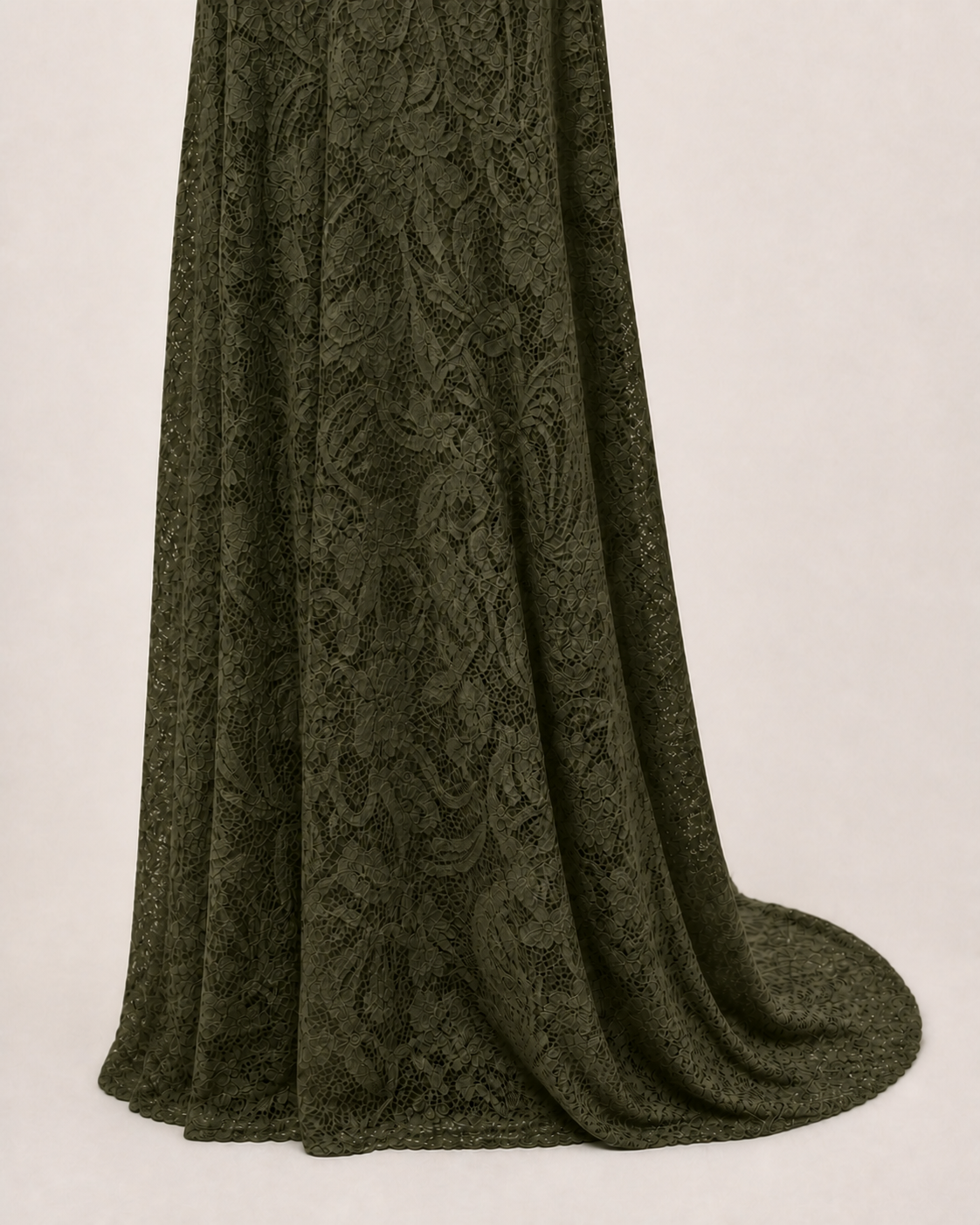 Olive Green floor hem, longer back fabric falling toward one side rather than a closed fan