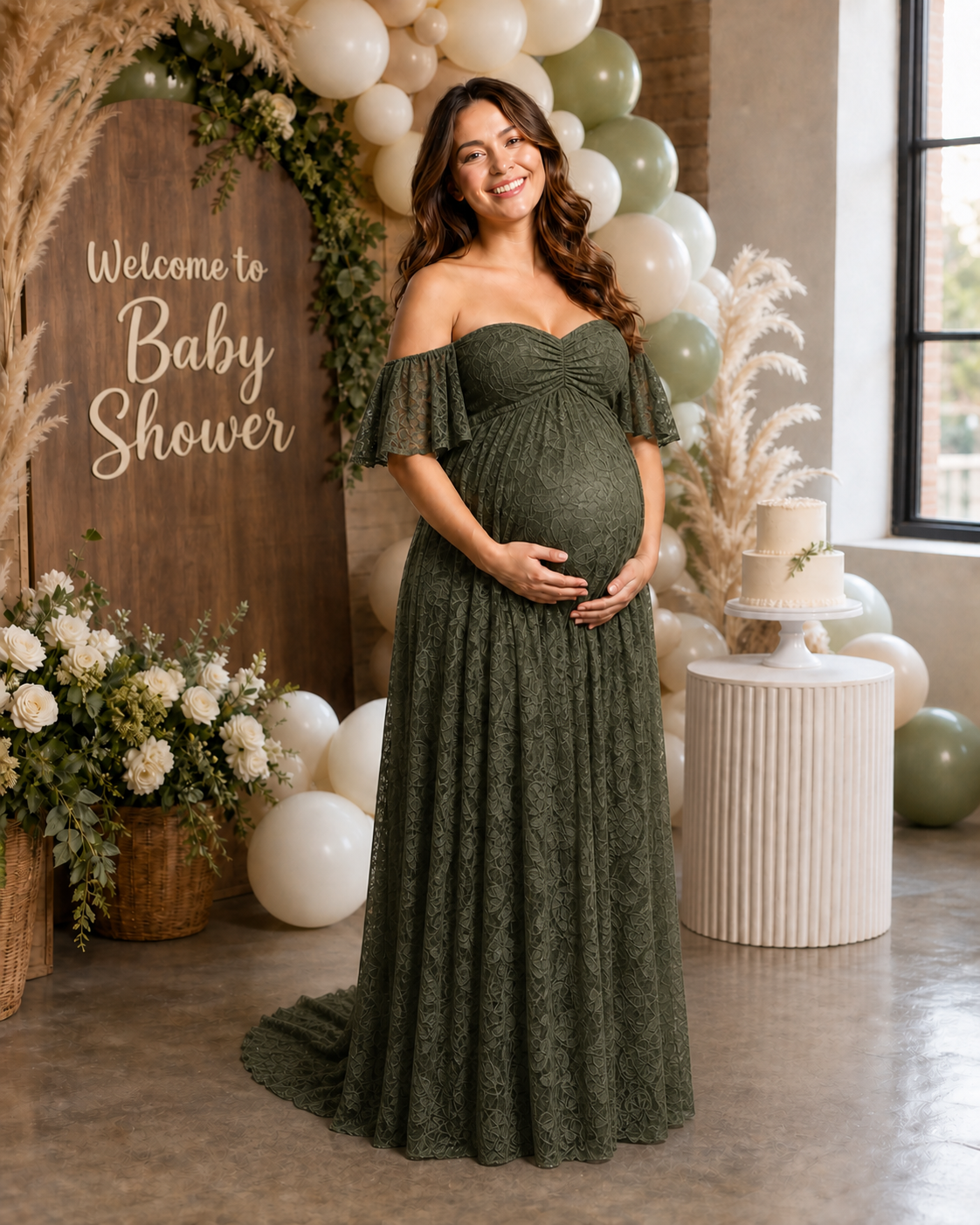 Olive Green maternity baby shower dress at an earth-tone outdoor gathering