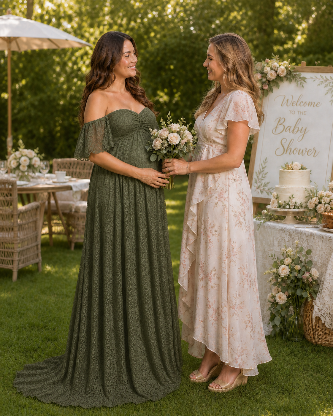 Olive Green maternity maxi among trees for an outdoor maternity portrait
