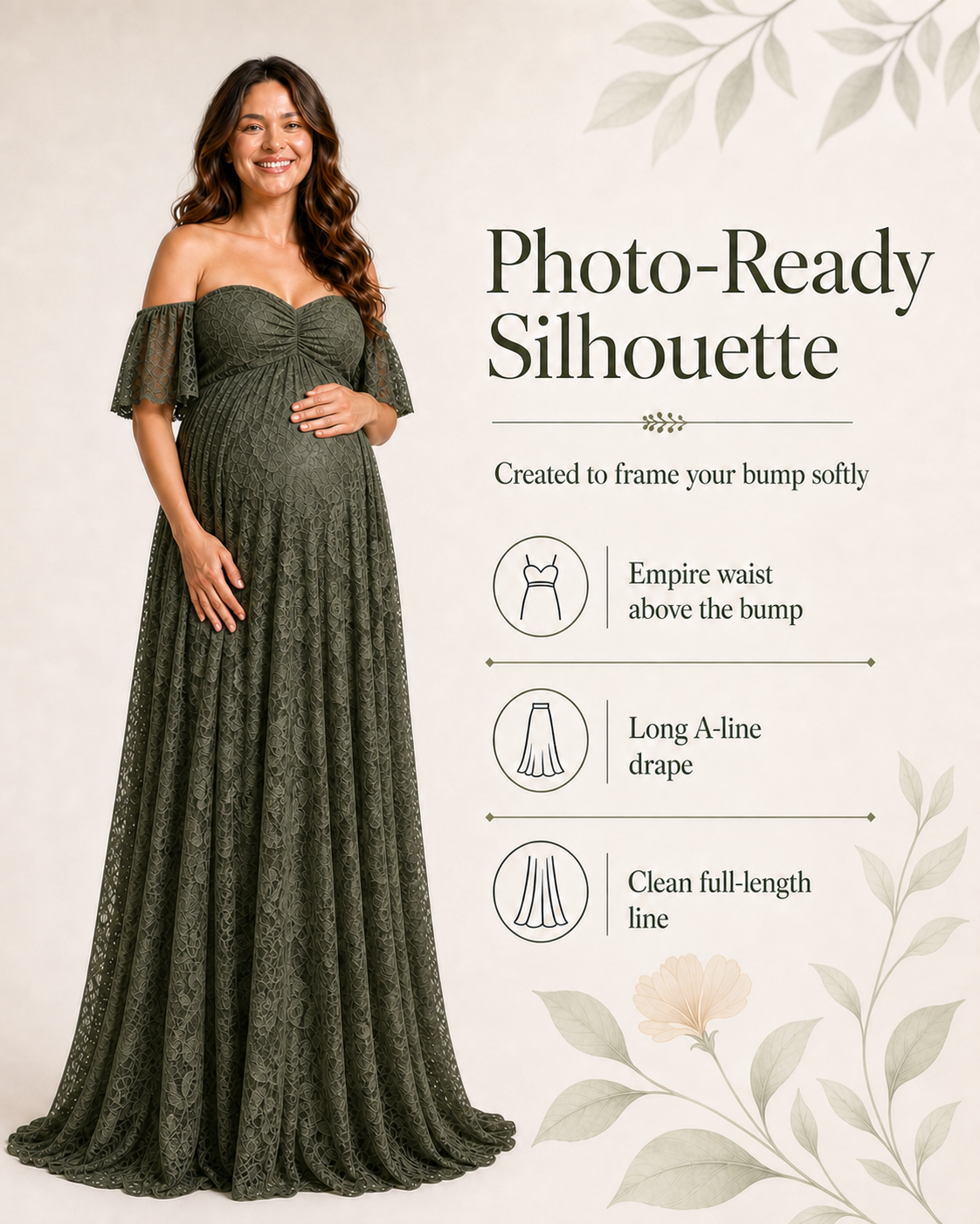 Olive Green full-length maternity silhouette posed for an outdoor photoshoot