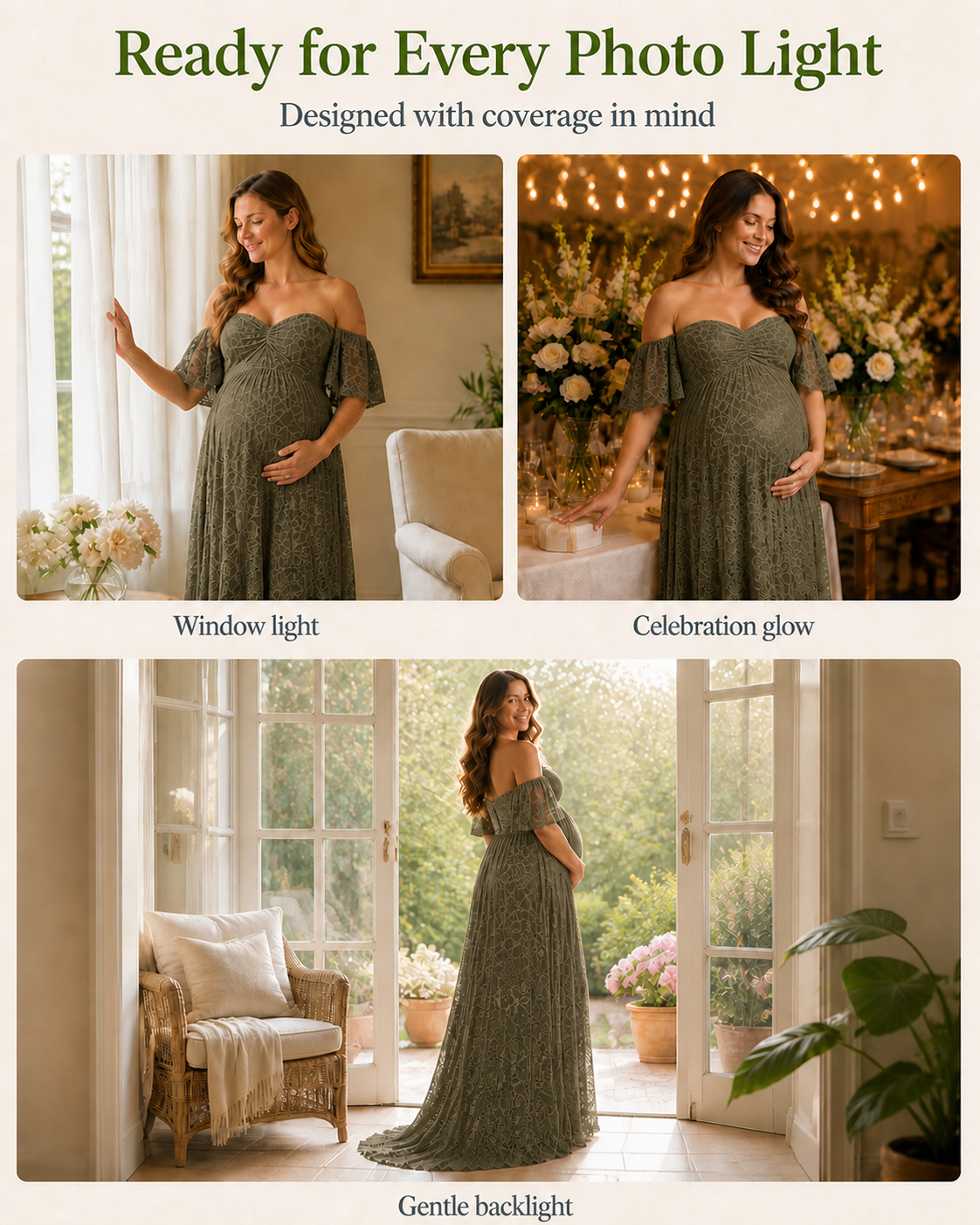 Olive Green lace in open shade versus sun, earthy green reading deeper or lighter