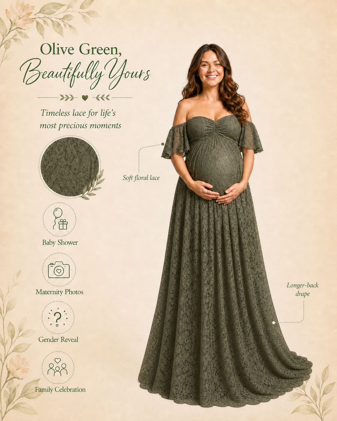 Olive Green maternity dress for an outdoor baby shower memory