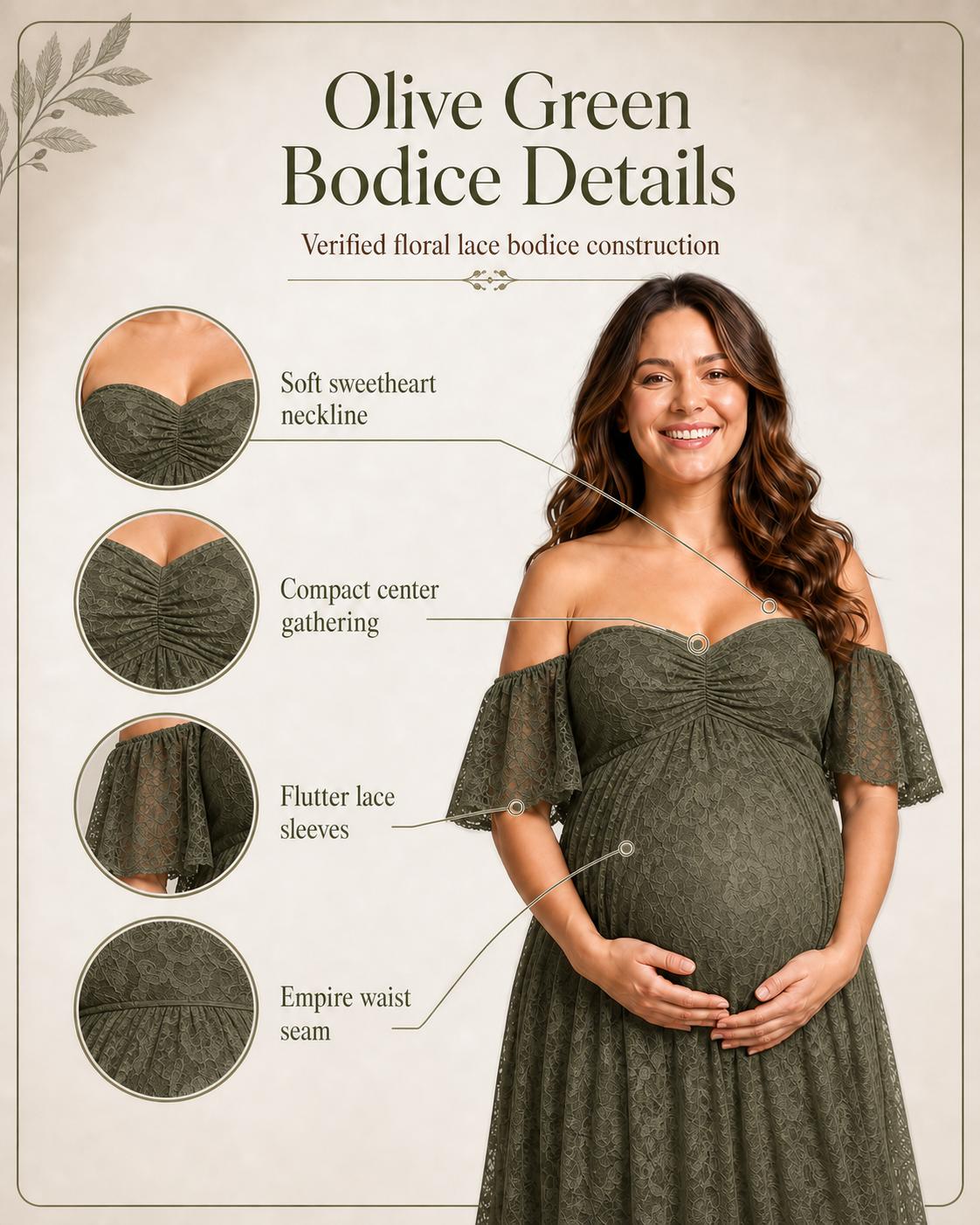 Olive Green bodice card: off-shoulder flutter sleeves and compact center seam