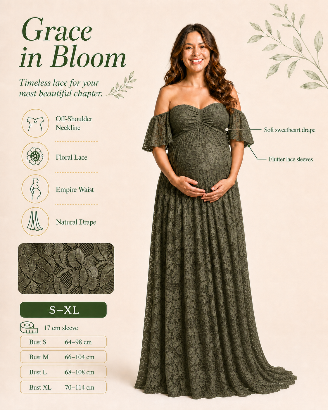 Olive Green side fit, empire seam above the bump with A-line room through the skirt