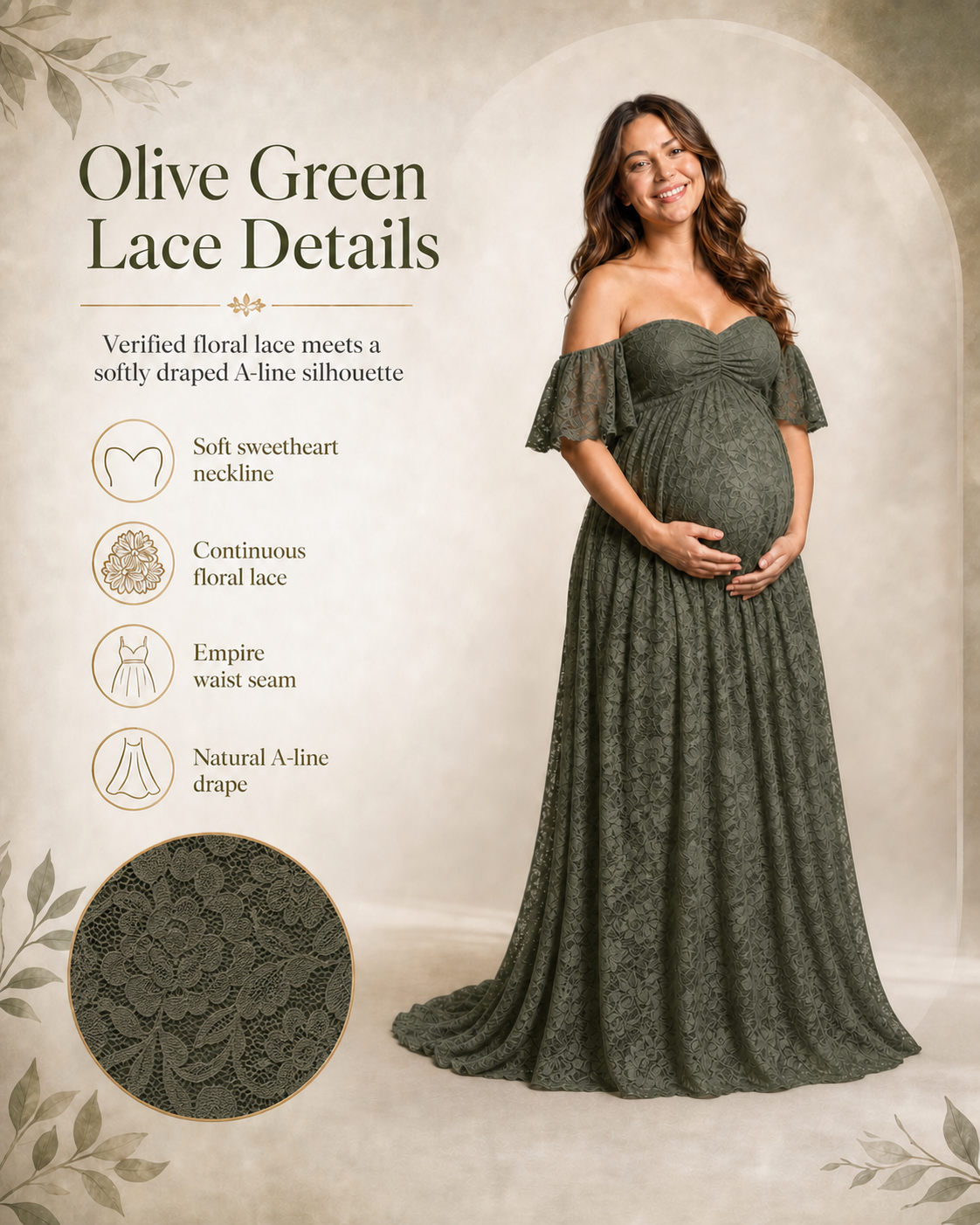 Olive Green off-shoulder lace maxi from neckline through earthy floor-length skirt